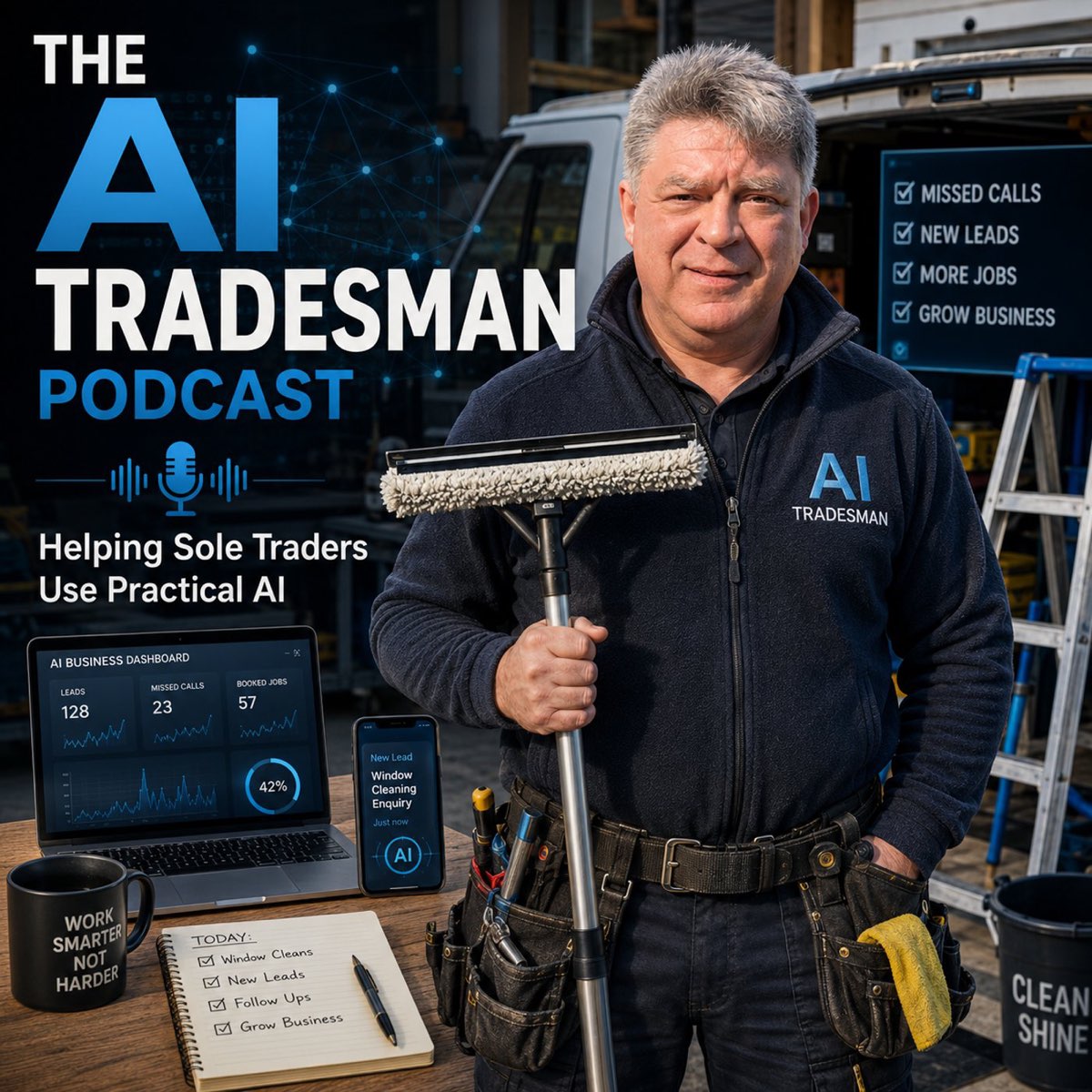 Rick Seaby — The AI Tradesman, squeegee in hand in front of his van